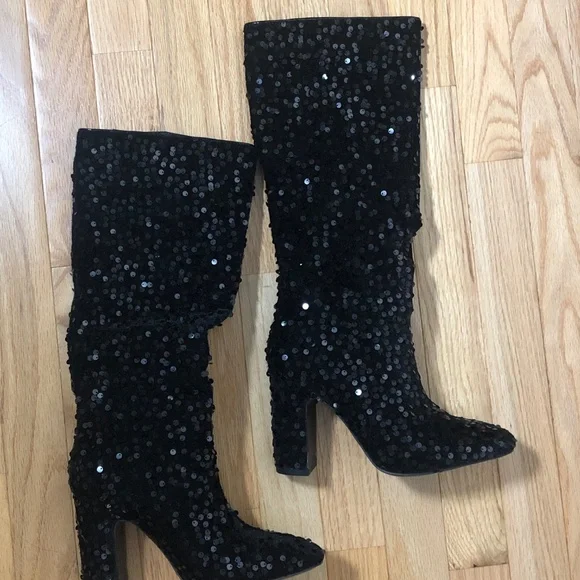 NEW knee high black sequins block heel boots - Picture 3 of 5
